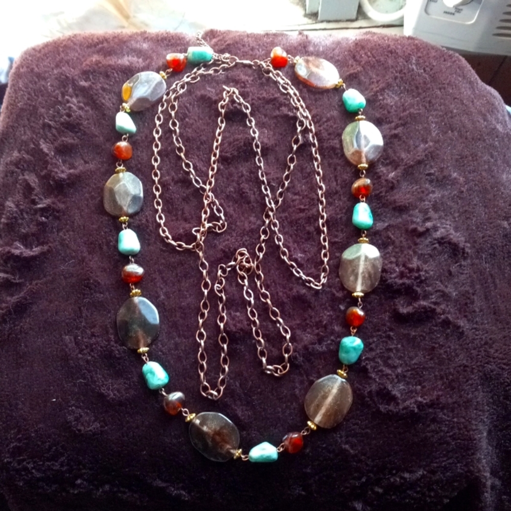 Bohemian teal,amber and brown stones and beads on a 3 strand copper toned chain